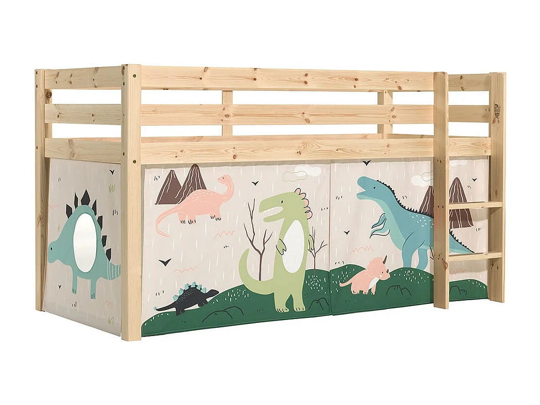SLEEPY - Lit Mi-Haut en Pin Naturel 90x200cm Housse Dino