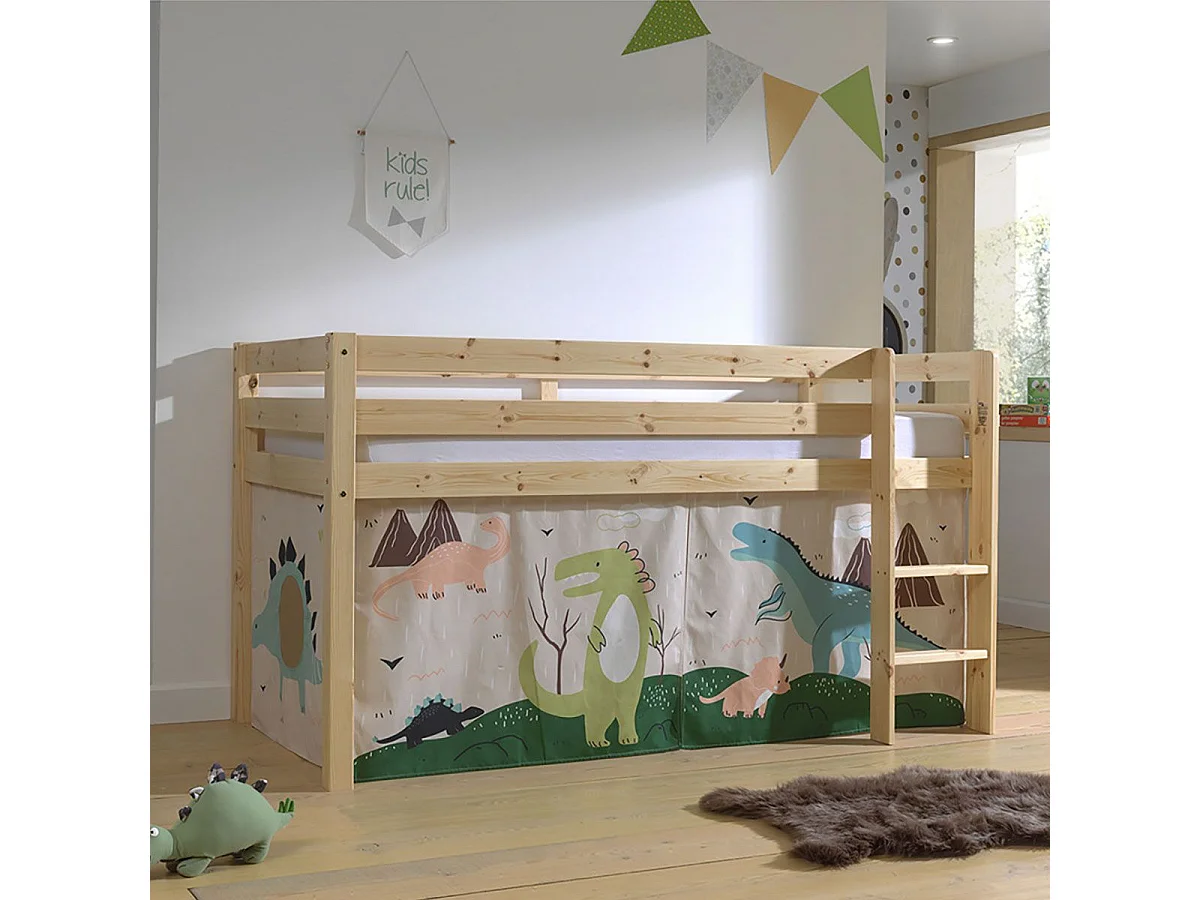 SLEEPY - Lit Mi-Haut en Pin Naturel 90x200cm Housse Dino