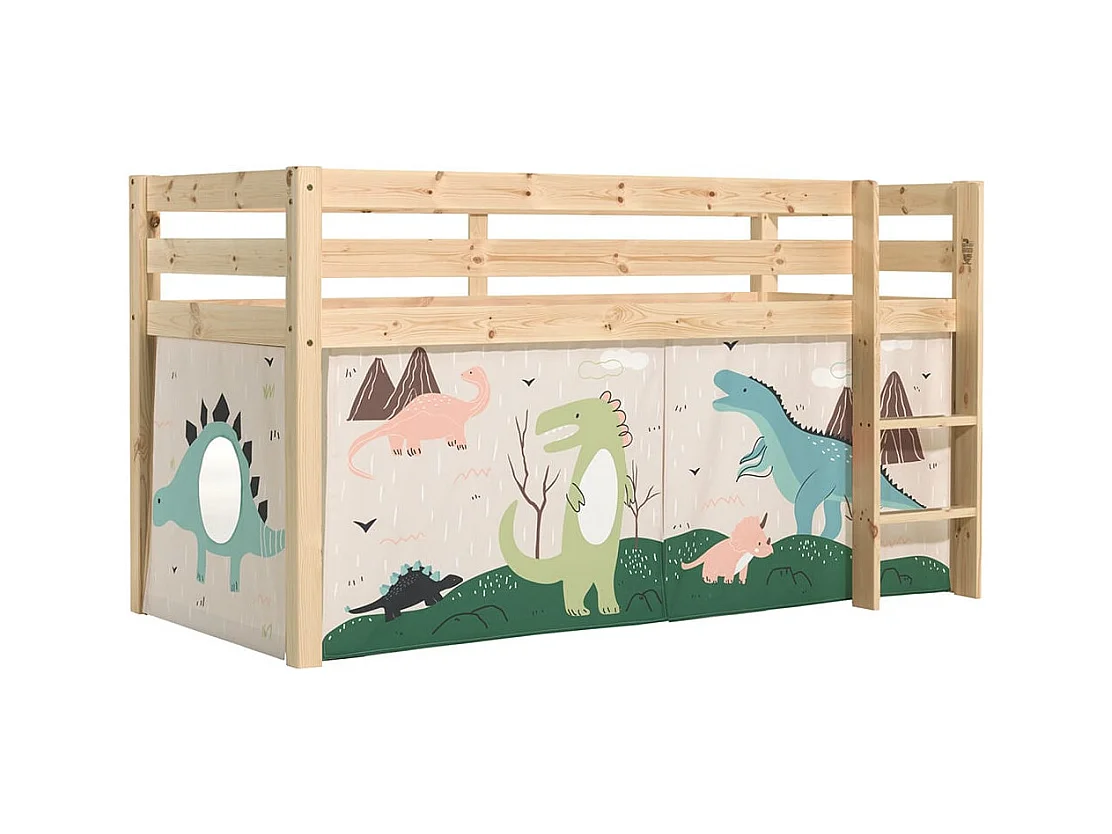SLEEPY - Lit Mi-Haut en Pin Naturel 90x200cm Housse Dino
