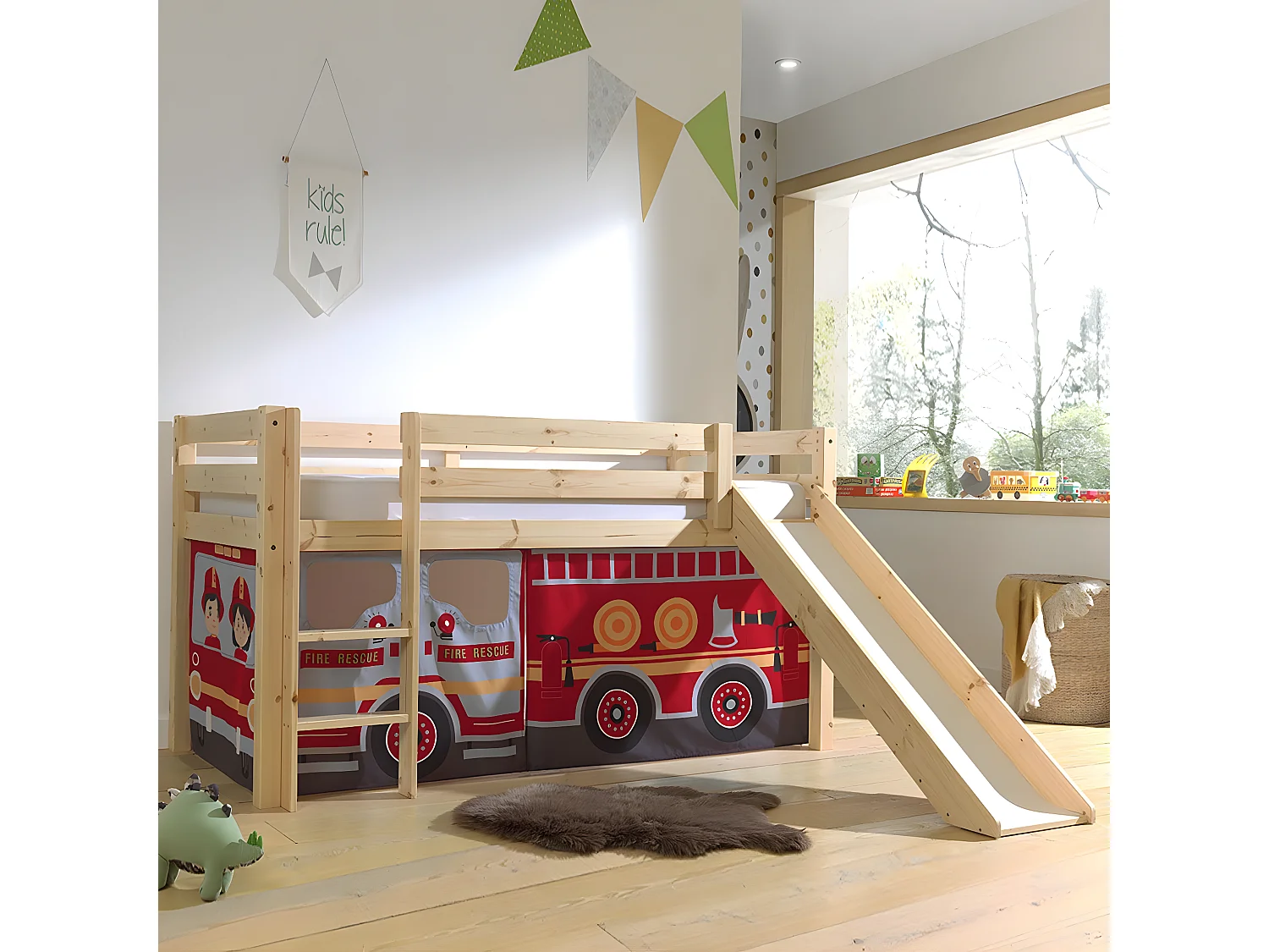 SLEEPY - Lit Mi-Haut Tobogan en Pin Naturel 90x200cm Housse Pompiers