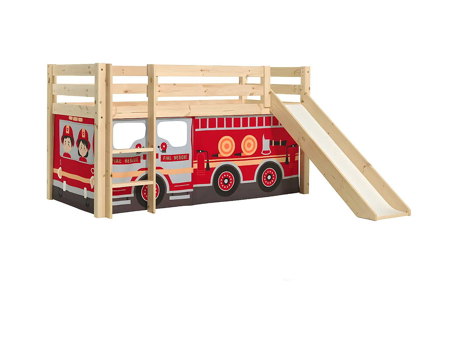 SLEEPY - Lit Mi-Haut Tobogan en Pin Naturel 90x200cm Housse Pompiers