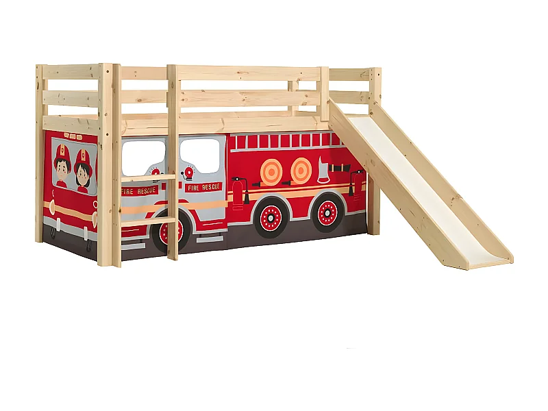 SLEEPY - Lit Mi-Haut Tobogan en Pin Naturel 90x200cm Housse Pompiers