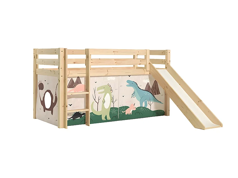 SLEEPY - Lit Mi-Haut Tobogan en Pin Naturel 90x200cm Housse Dino