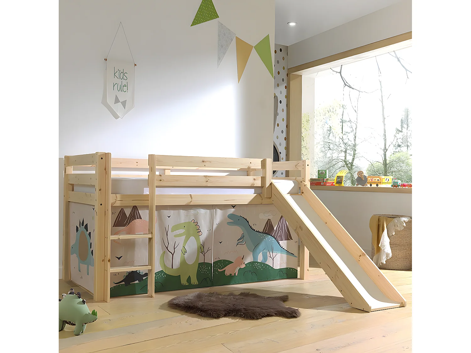 SLEEPY - Lit Mi-Haut Tobogan en Pin Naturel 90x200cm Housse Dino