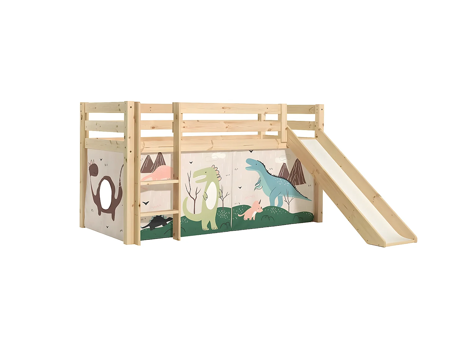 SLEEPY - Lit Mi-Haut Tobogan en Pin Naturel 90x200cm Housse Dino