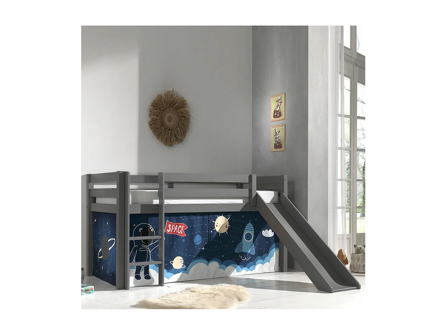 SLEEPY - Lit Mi-Haut Tobogan Laqué Gris 90x200cm Housse Espace