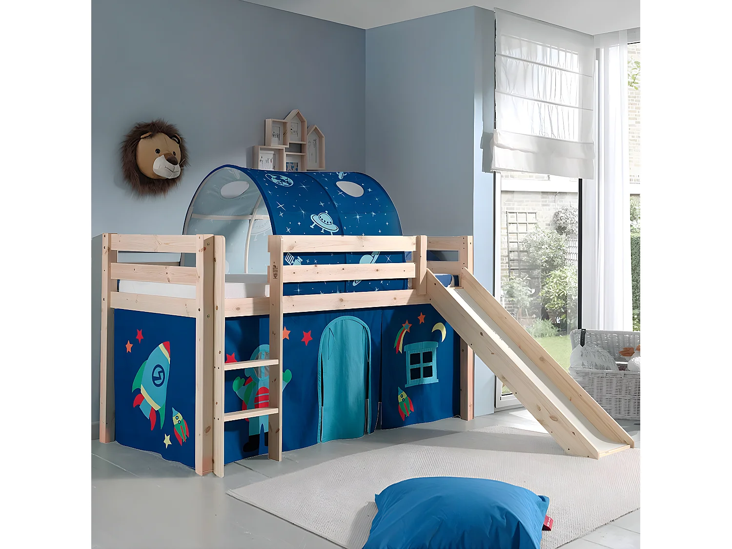 SLEEPY - Lit Mi-Haut Tobogan en Pin Naturel 90x200cm Housse et Tunnel Astro