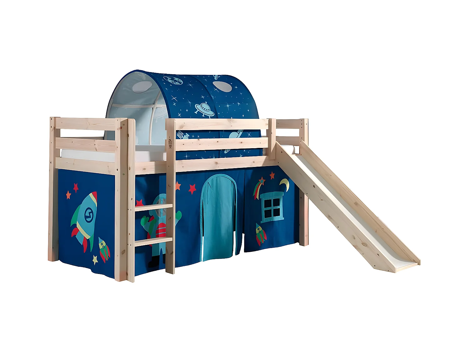 SLEEPY - Lit Mi-Haut Tobogan en Pin Naturel 90x200cm Housse et Tunnel Astro
