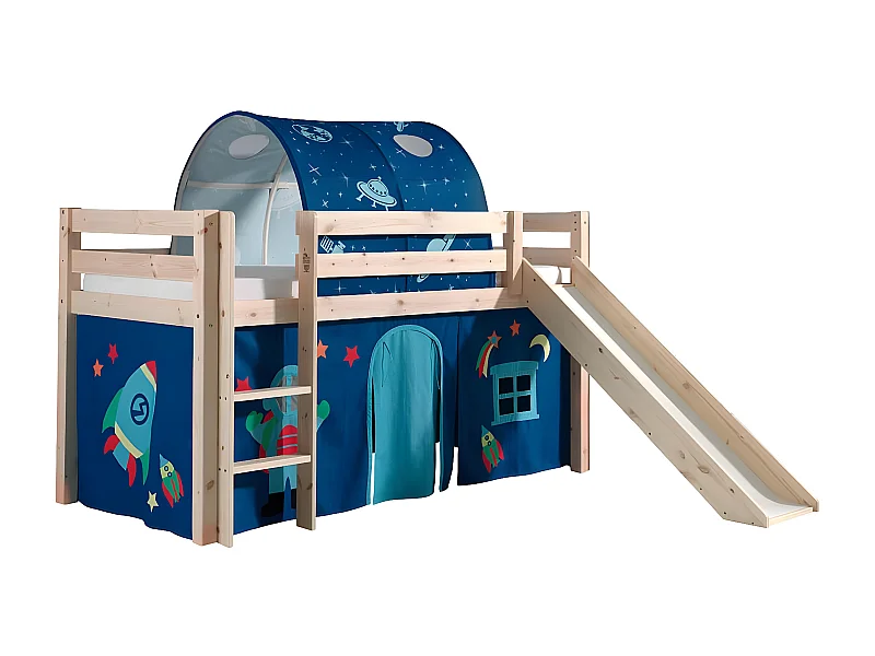 SLEEPY - Lit Mi-Haut Tobogan en Pin Naturel 90x200cm Housse et Tunnel Astro