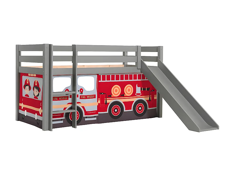 SLEEPY - Lit Mi-Haut Tobogan Laqué Gris 90x200cm Housse Pompiers