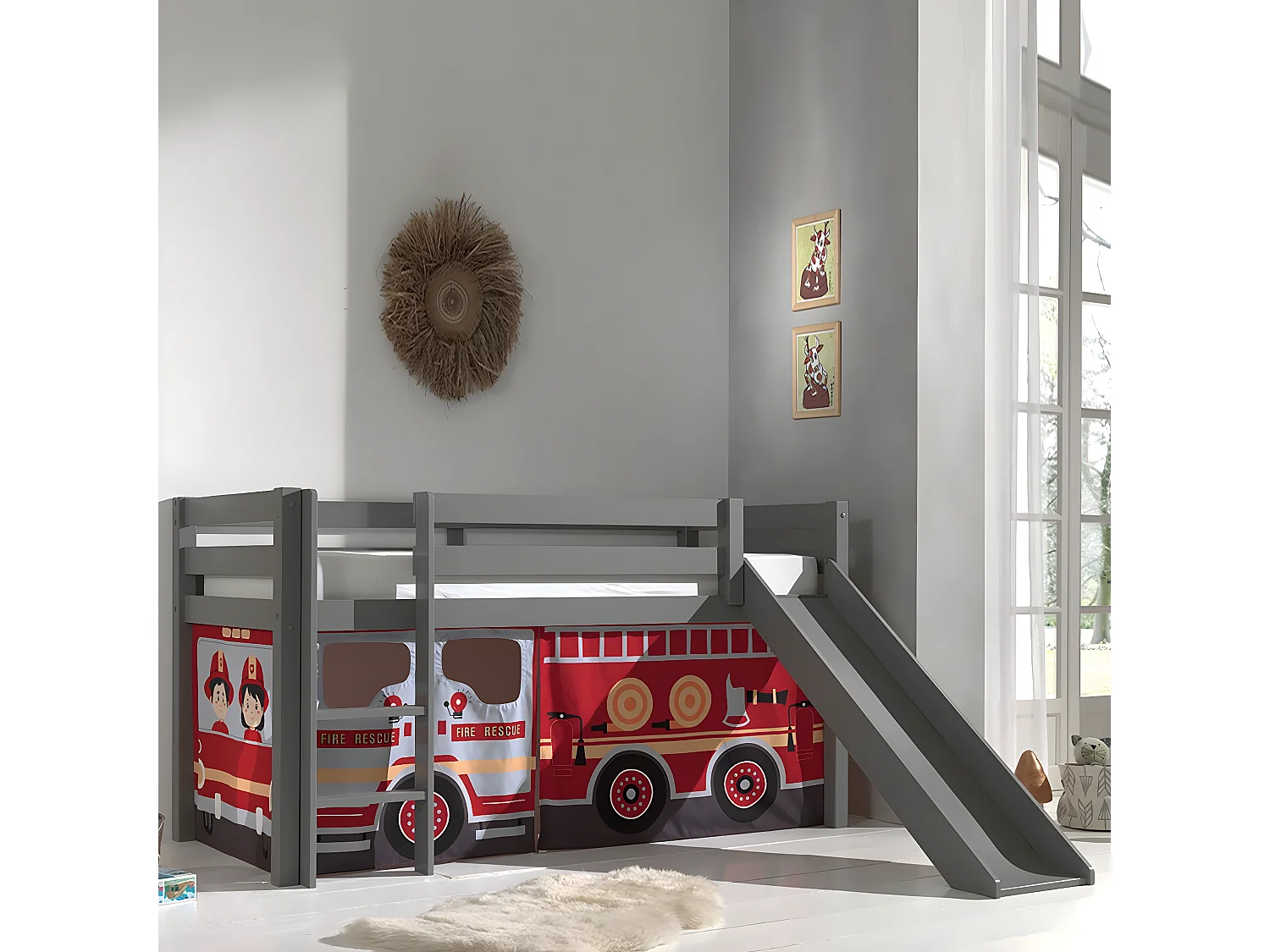 SLEEPY - Lit Mi-Haut Tobogan Laqué Gris 90x200cm Housse Pompiers