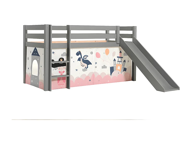 SLEEPY - Lit Mi-Haut Tobogan Laqué Gris 90x200cm Housse Princesse