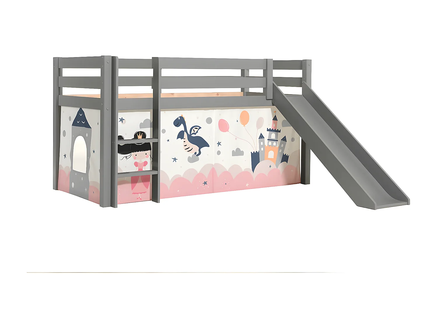 SLEEPY - Lit Mi-Haut Tobogan Laqué Gris 90x200cm Housse Princesse