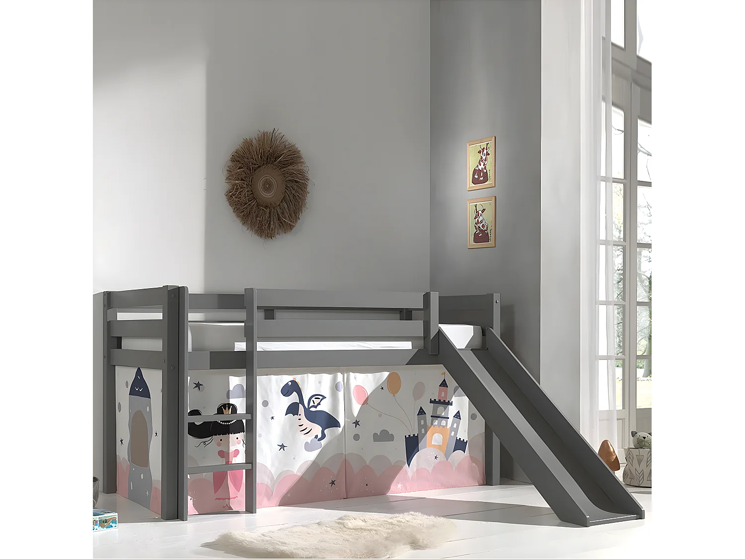 SLEEPY - Lit Mi-Haut Tobogan Laqué Gris 90x200cm Housse Princesse