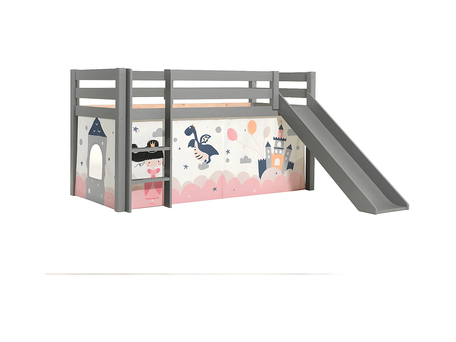SLEEPY - Lit Mi-Haut Tobogan Laqué Gris 90x200cm Housse Princesse