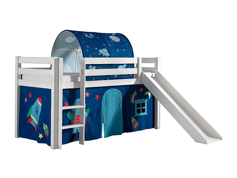 SLEEPY - Lit Mi-Haut Tobogan Laqué Blanc 90x200cm avec Housse et Tunnel Astro