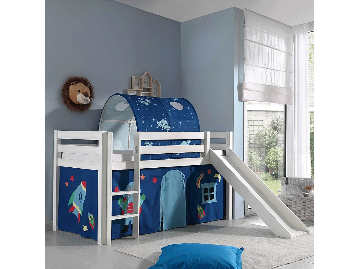 SLEEPY - Lit Mi-Haut Tobogan Laqué Blanc 90x200cm avec Housse et Tunnel Astro