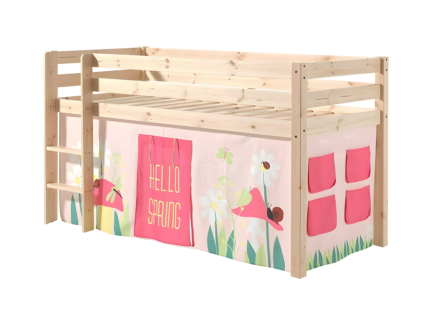 SLEEPY - Lit Mi-Haut en Pin Naturel 90x200cm Housse Garden
