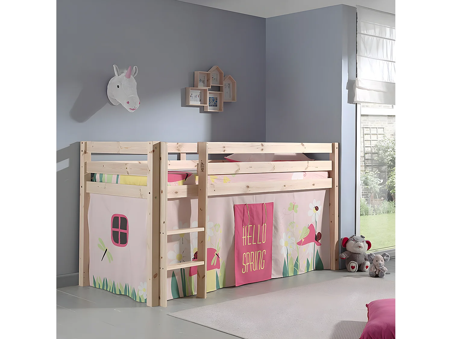 SLEEPY - Lit Mi-Haut en Pin Naturel 90x200cm Housse Garden