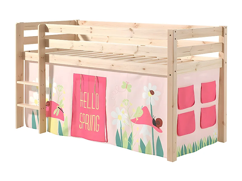 SLEEPY - Lit Mi-Haut en Pin Naturel 90x200cm Housse Garden