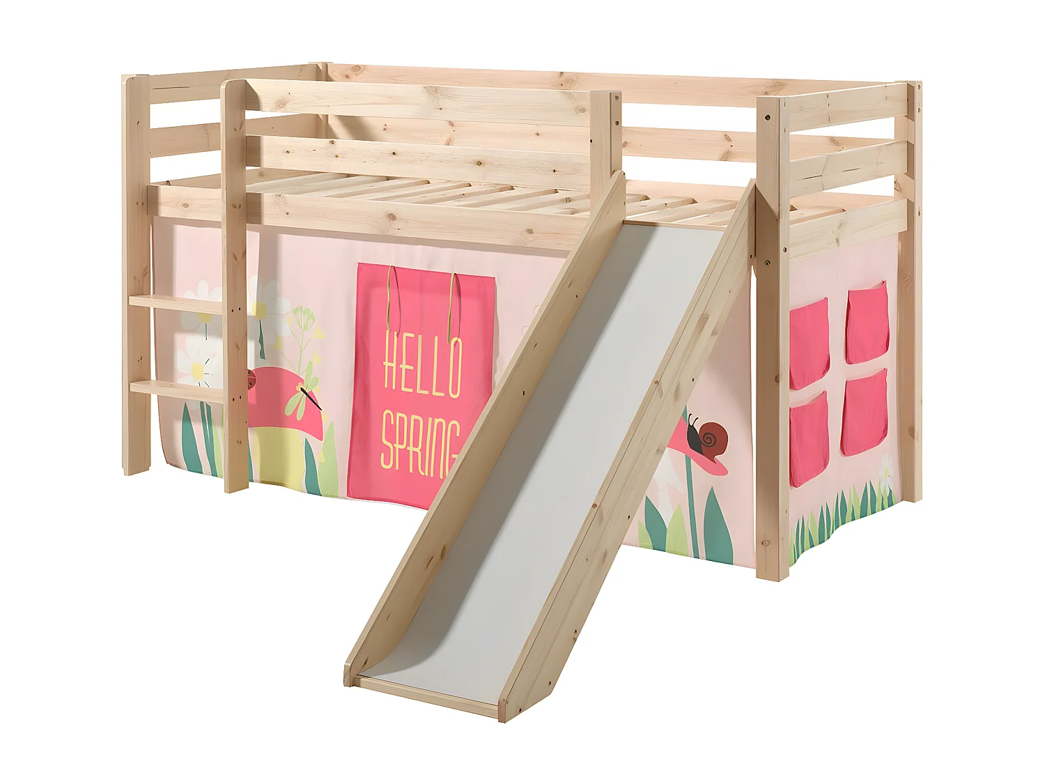 SLEEPY - Lit Mi-Haut Tobogan en Pin Naturel 90x200cm Housse Garden