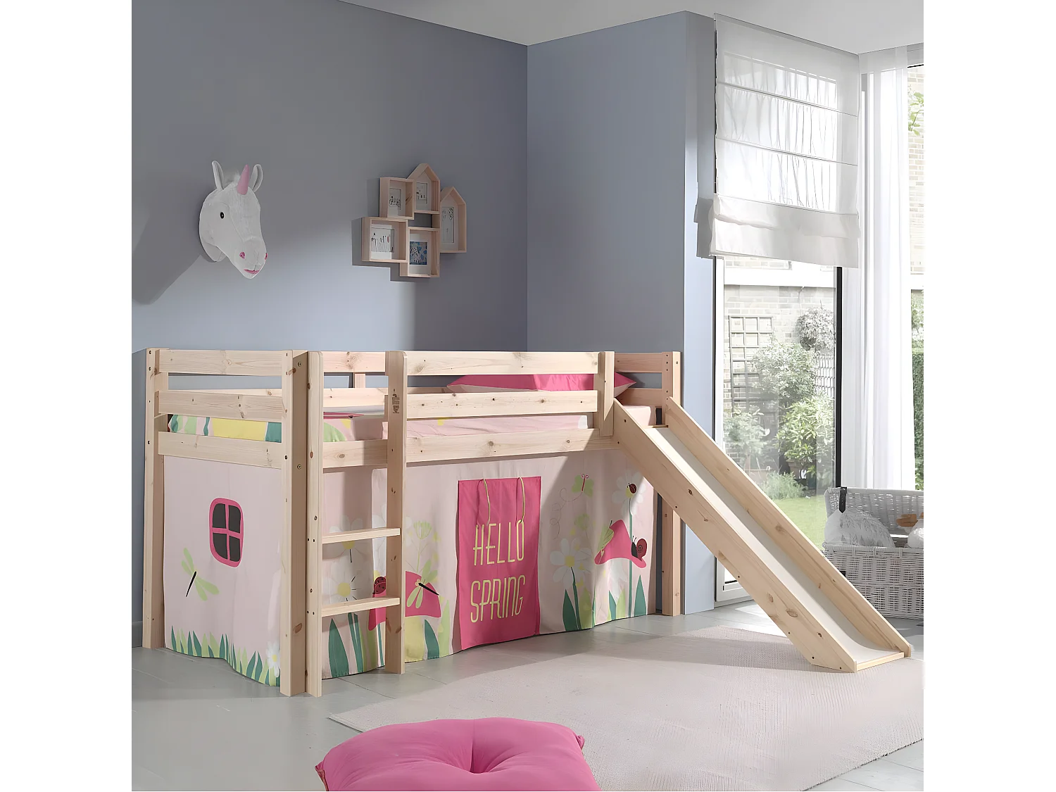 SLEEPY - Lit Mi-Haut Tobogan en Pin Naturel 90x200cm Housse Garden