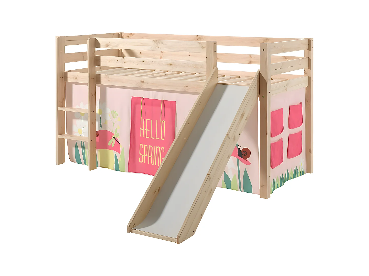 SLEEPY - Lit Mi-Haut Tobogan en Pin Naturel 90x200cm Housse Garden