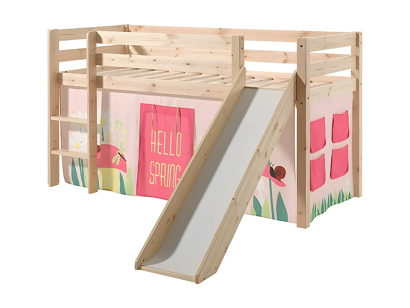 SLEEPY - Lit Mi-Haut Tobogan en Pin Naturel 90x200cm Housse Garden