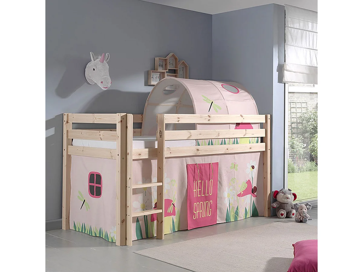 SLEEPY - Lit Mi-Haut en Pin Naturel 90x200cm Housse et Tunnel Garden