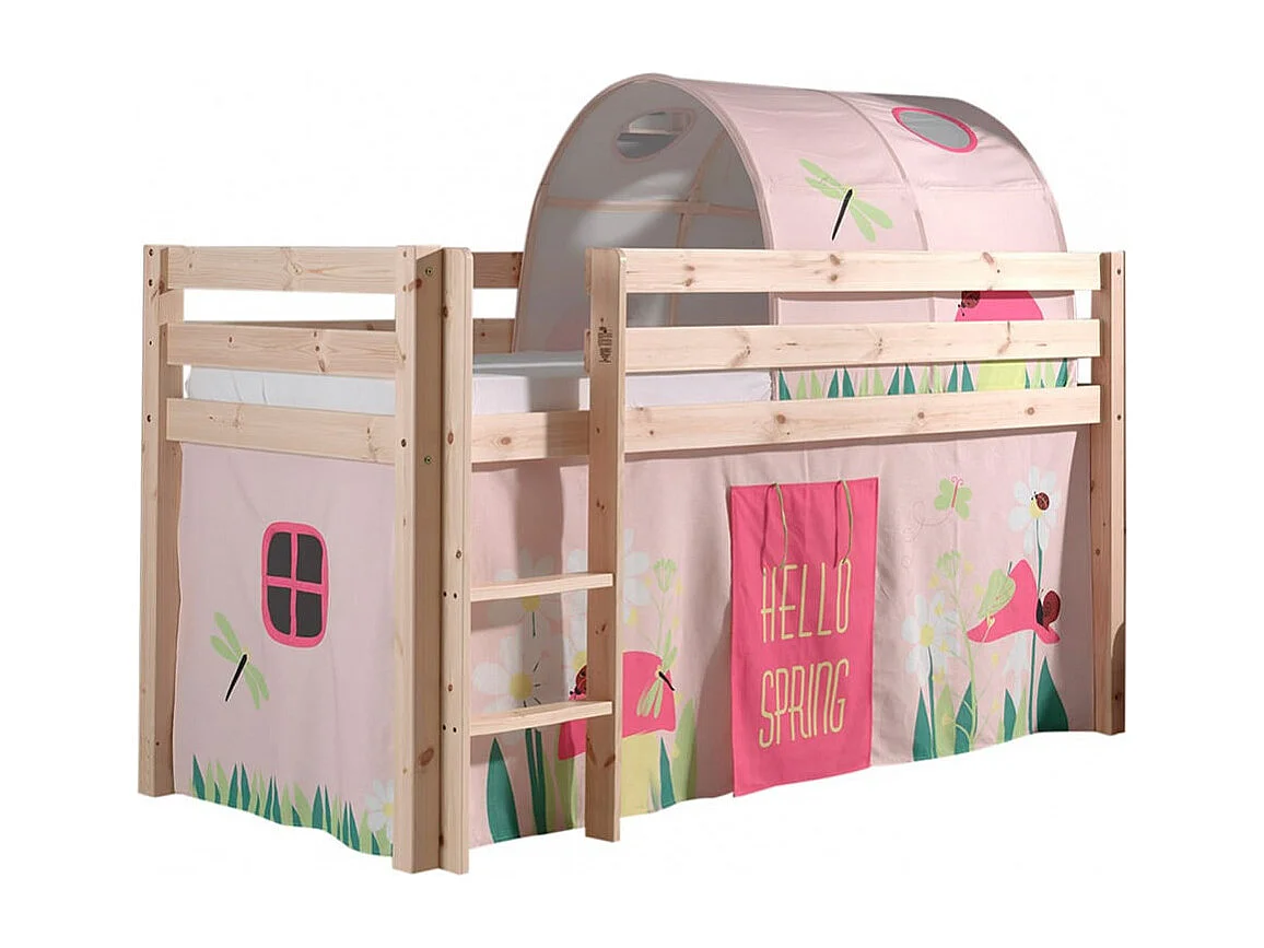 SLEEPY - Lit Mi-Haut en Pin Naturel 90x200cm Housse et Tunnel Garden