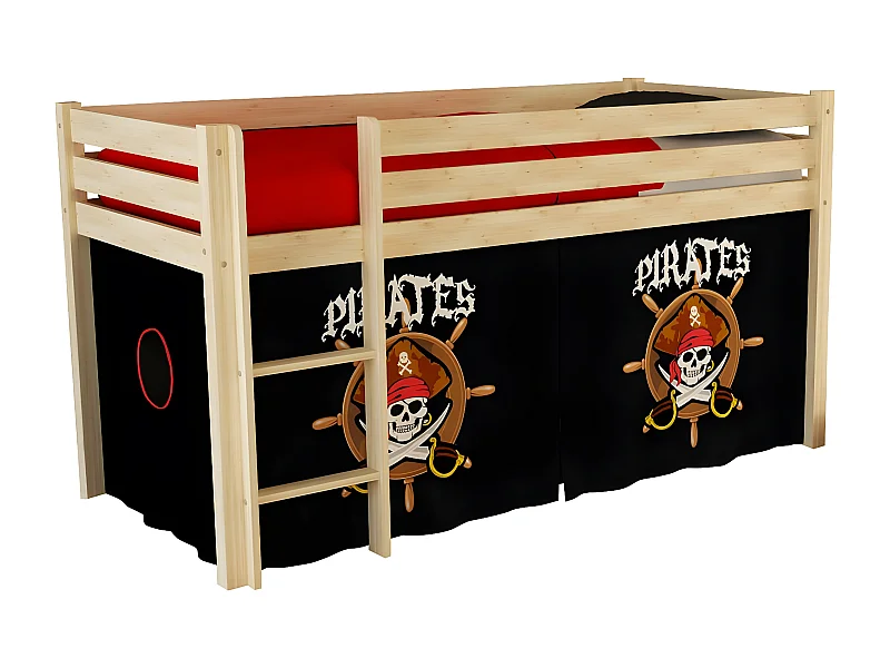 SLEEPY - Lit Mi-Haut en Pin Naturel 90x200cm Housse Pirates