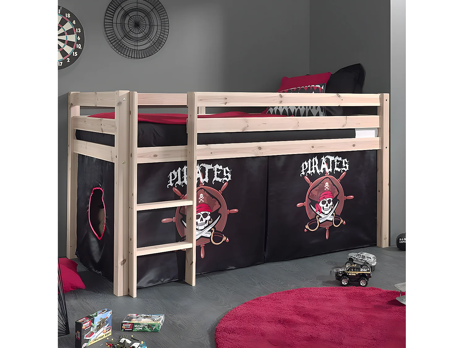 SLEEPY - Lit Mi-Haut en Pin Naturel 90x200cm Housse Pirates