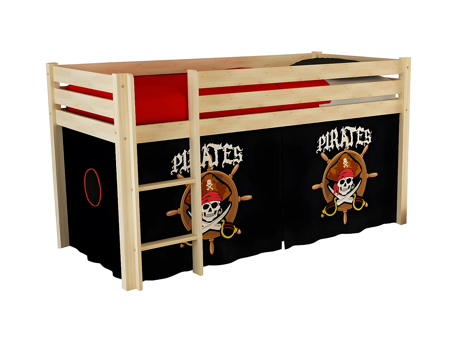 SLEEPY - Lit Mi-Haut en Pin Naturel 90x200cm Housse Pirates