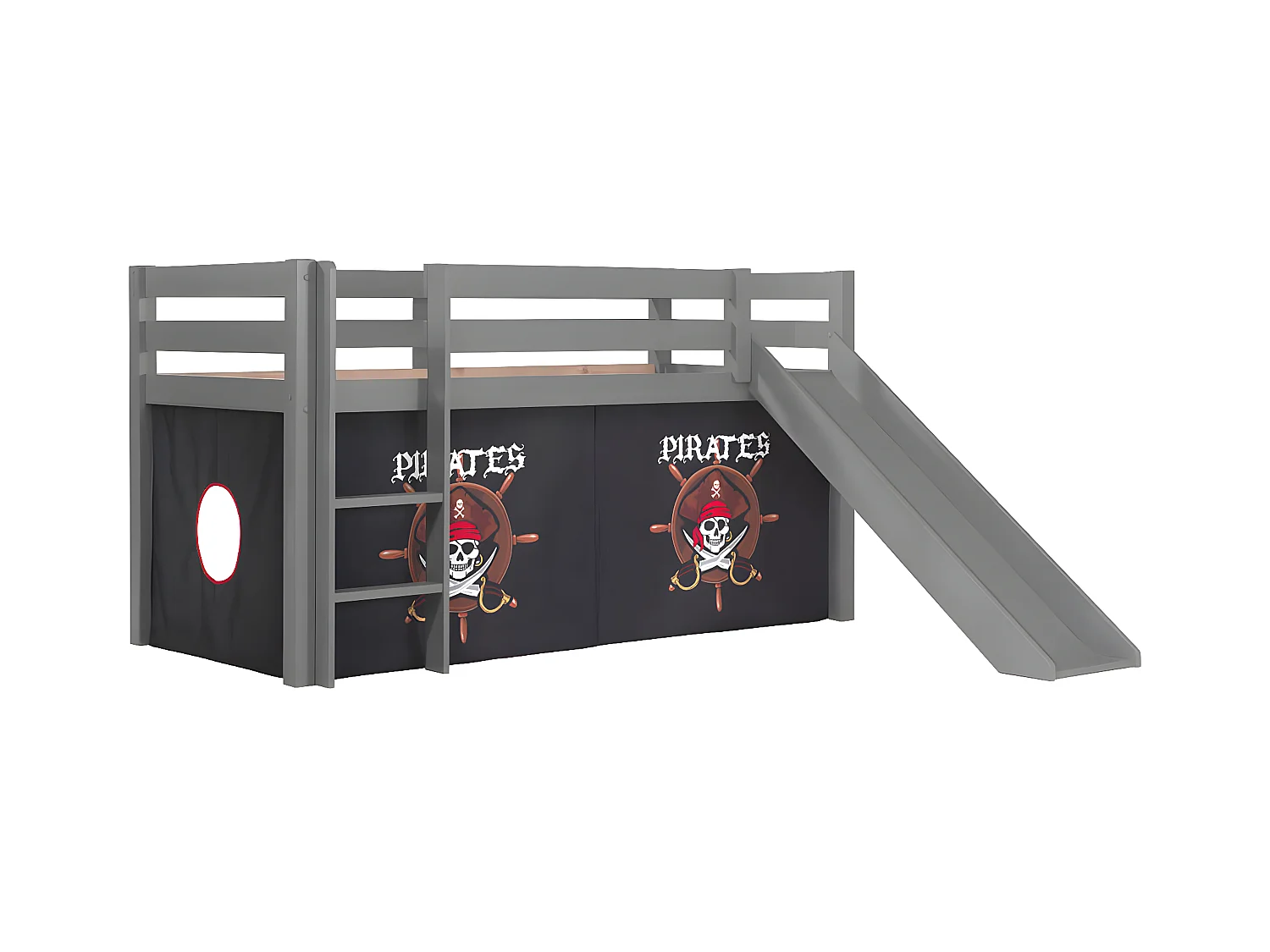SLEEPY - Lit Mi-Haut Tobogan Laqué Gris 90x200cm Housse Pirates