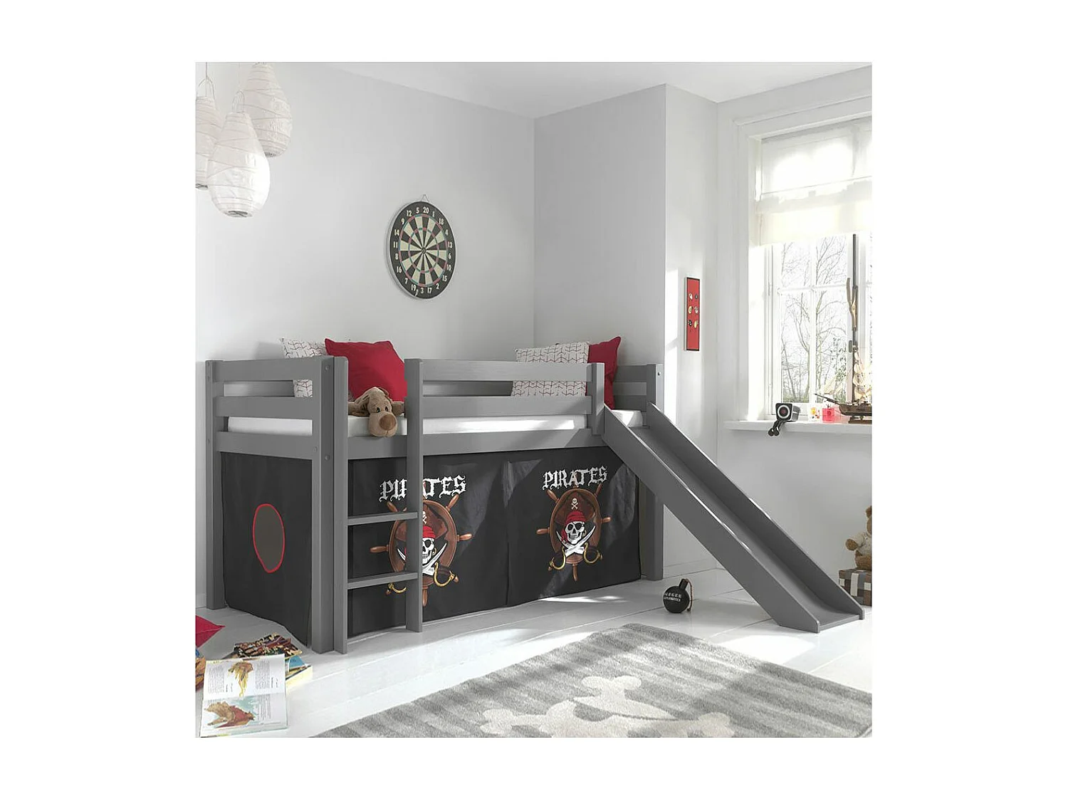 SLEEPY - Lit Mi-Haut Tobogan Laqué Gris 90x200cm Housse Pirates