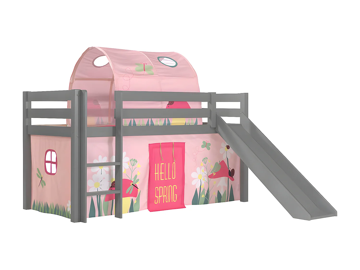 SLEEPY - Lit Mi-Haut Tobogan Laqué Gris 90x200cm Housse et Tunnel Garden