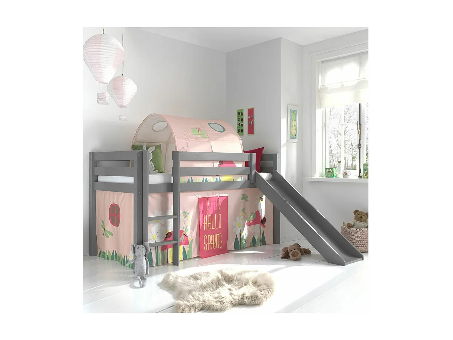 SLEEPY - Lit Mi-Haut Tobogan Laqué Gris 90x200cm Housse et Tunnel Garden