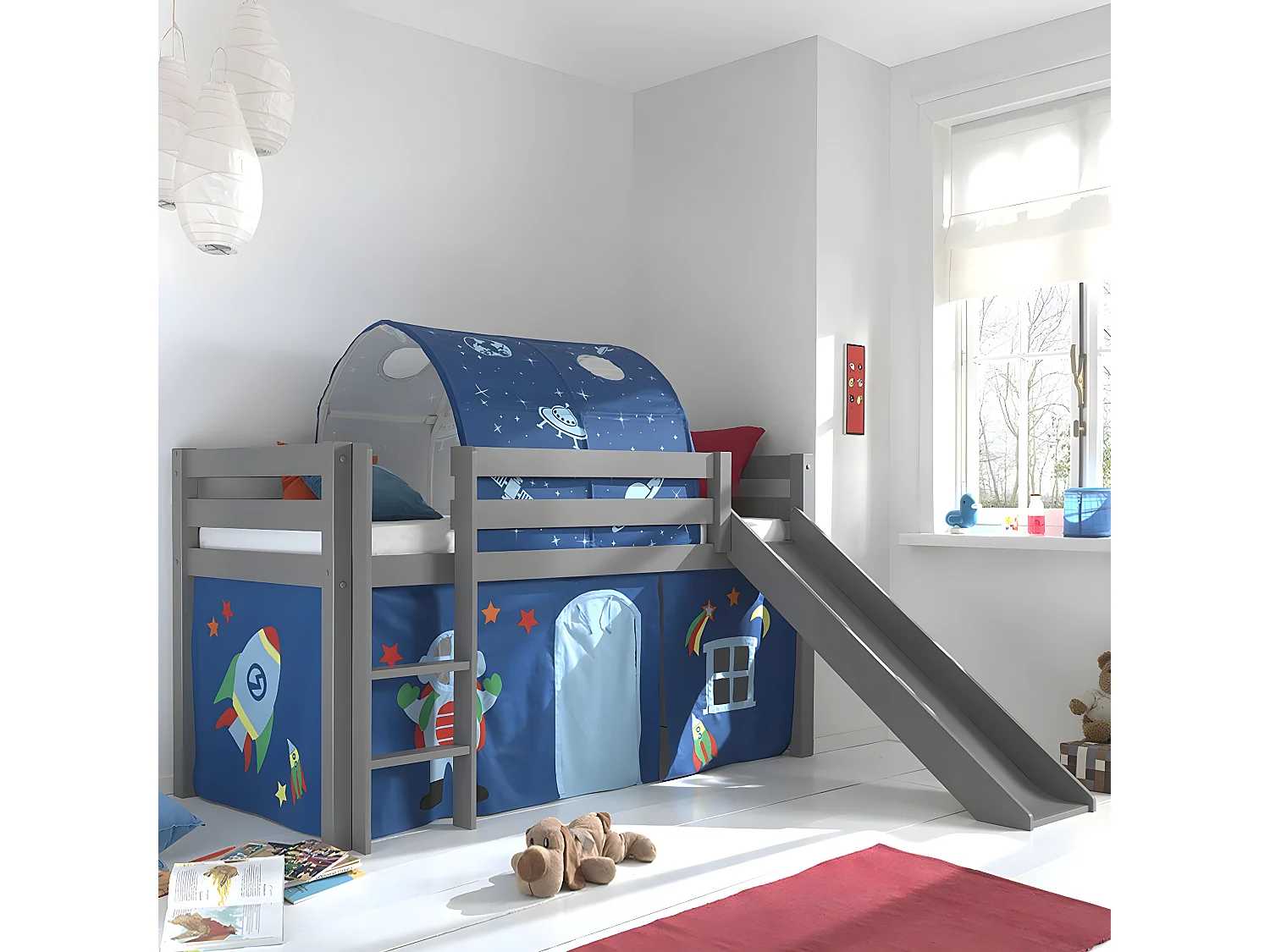 SLEEPY - Lit Mi-Haut Tobogan Laqué Gris 90x200cm Housse et Tunnel Astro