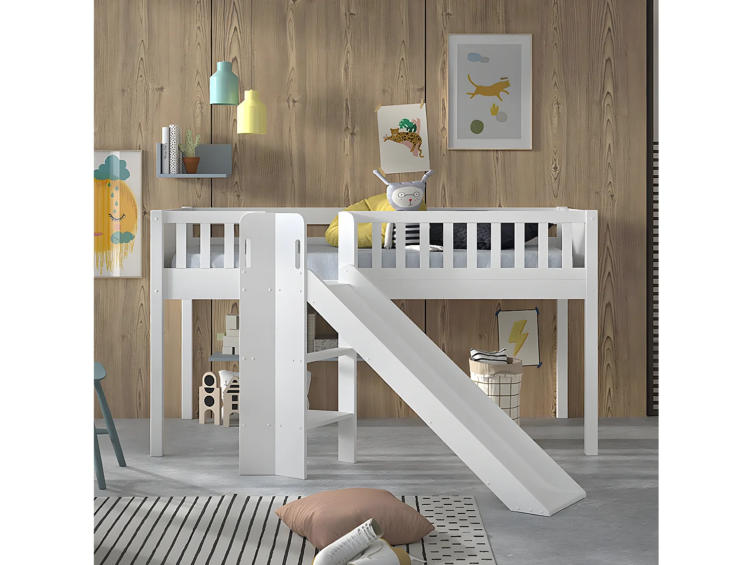 VIVIEN - Lit Mi-Haut en Pin Laqué Blanc 90x200cm avec Tobogan