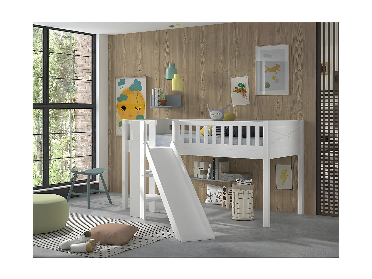 VIVIEN - Lit Mi-Haut en Pin Laqué Blanc 90x200cm avec Tobogan