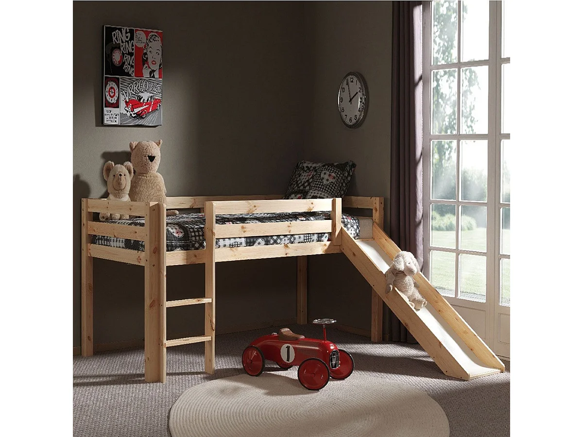 SLEEPY - Lit Mi-Haut Tobogan en Pin Naturel 90x200cm