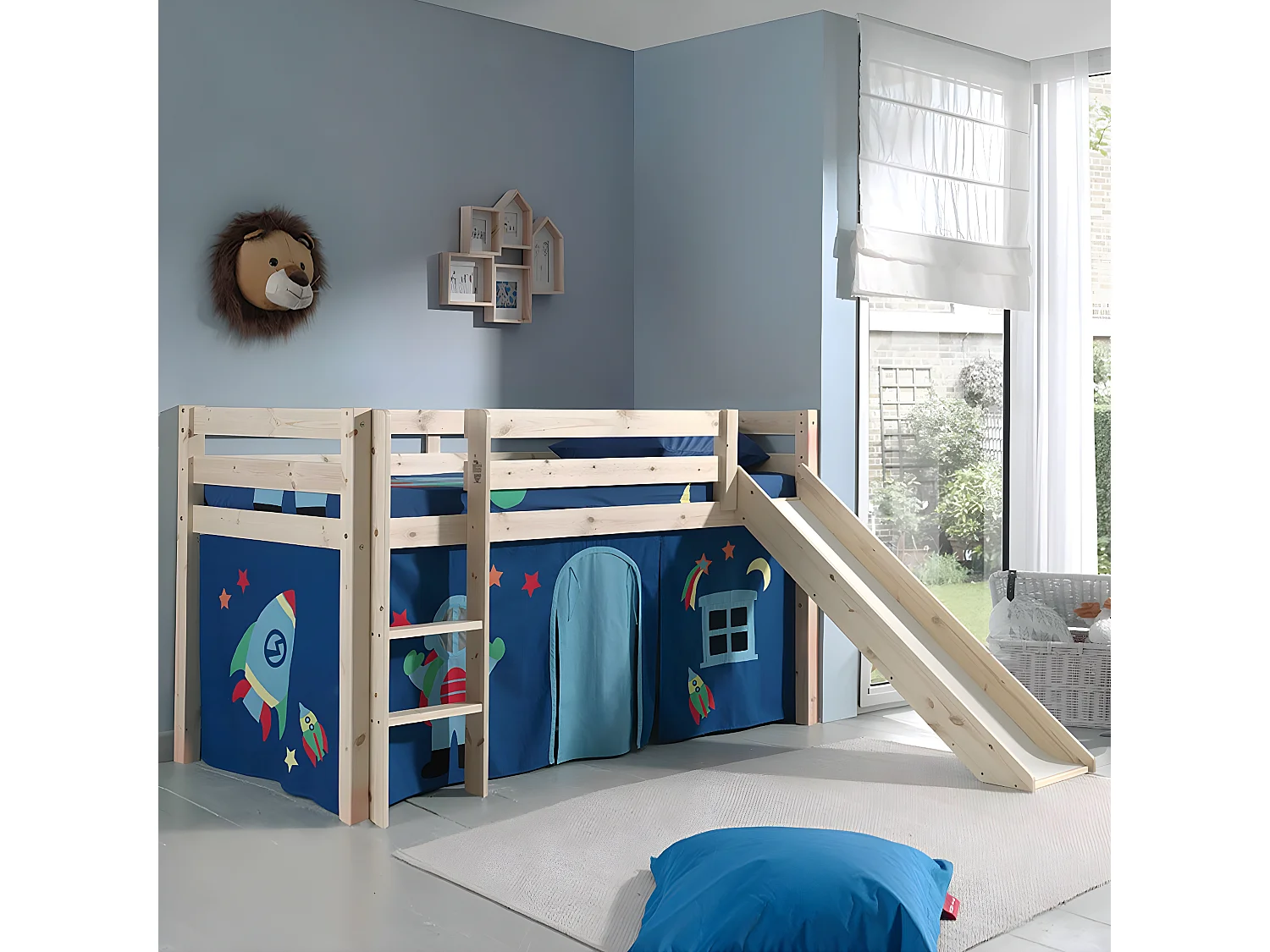 SLEEPY - Lit Mi-Haut Tobogan en Pin Naturel 90x200cm Housse Astro