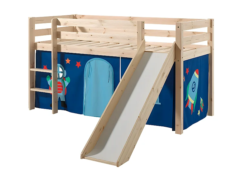 SLEEPY - Lit Mi-Haut Tobogan en Pin Naturel 90x200cm Housse Astro