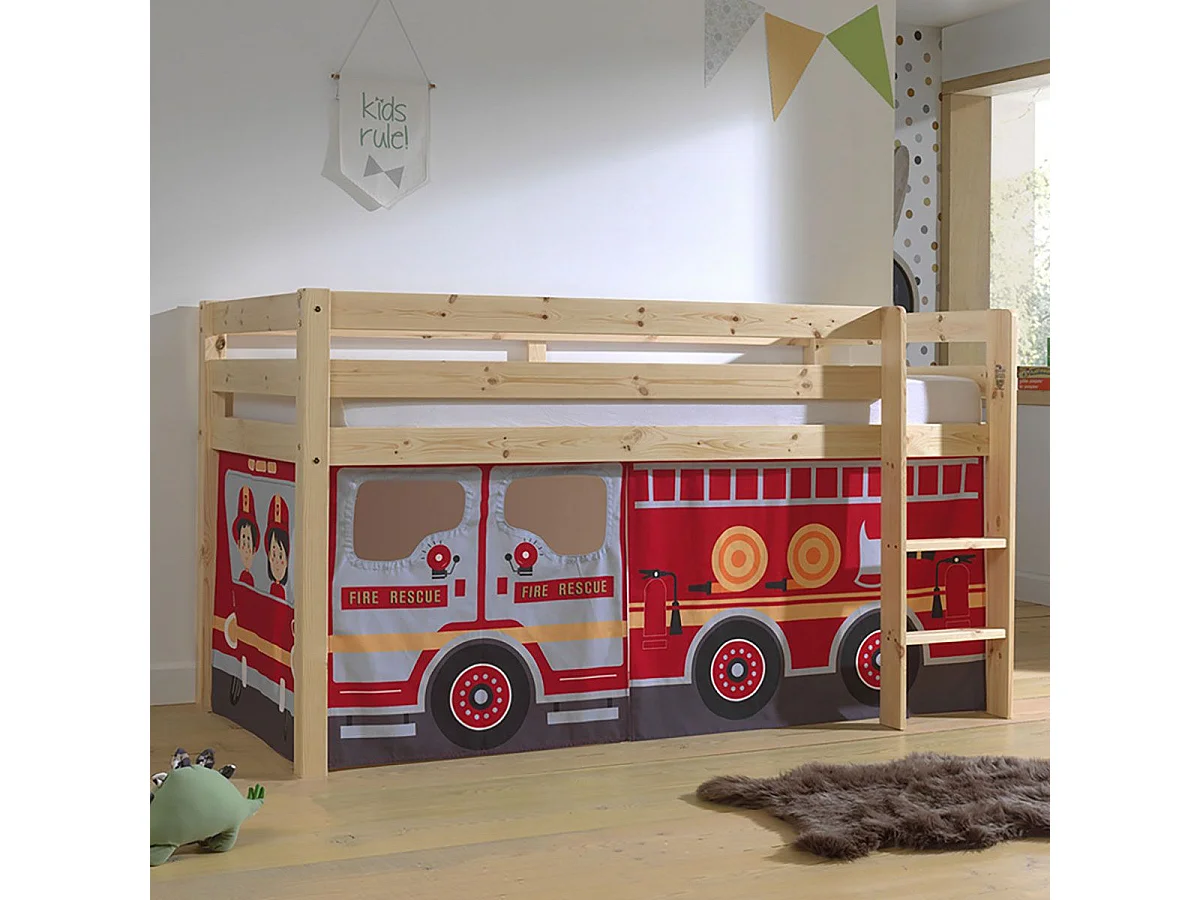 SLEEPY - Lit Mi-Haut en Pin Naturel 90x200cm Housse Pompiers