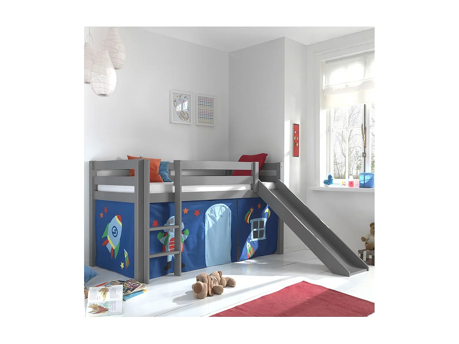 SLEEPY - Lit Mi-Haut Tobogan Laqué Gris 90x200cm Housse Astro