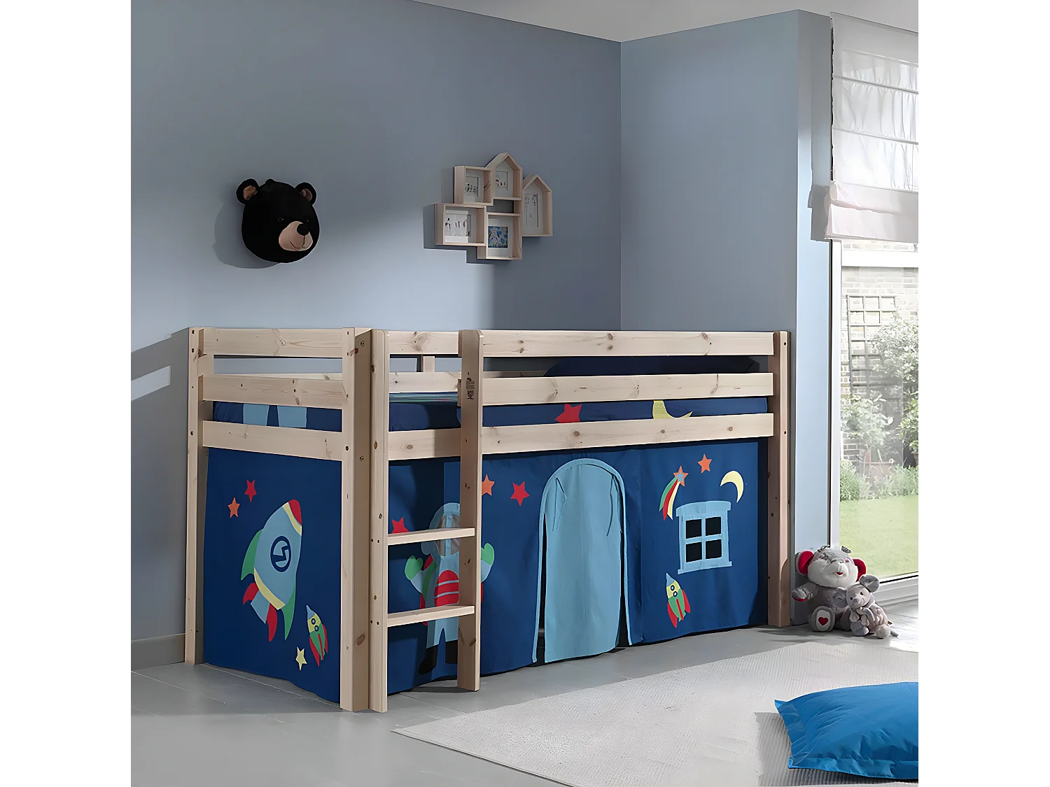 SLEEPY - Lit Mi-Haut en Pin Naturel 90x200cm Housse Astro