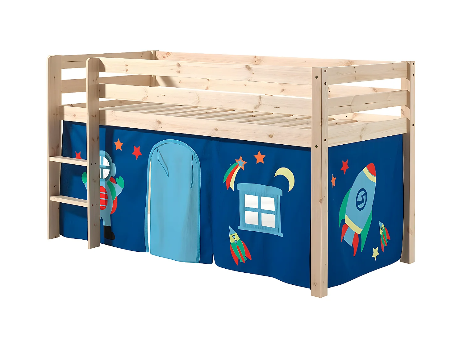 SLEEPY - Lit Mi-Haut en Pin Naturel 90x200cm Housse Astro