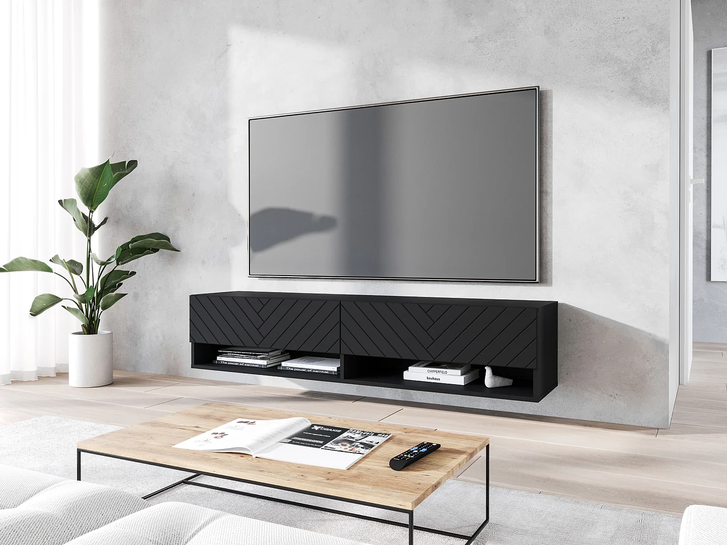 Meuble TV - 140 cm - noir graphite/noir à chevrons - sans LED - WANDER