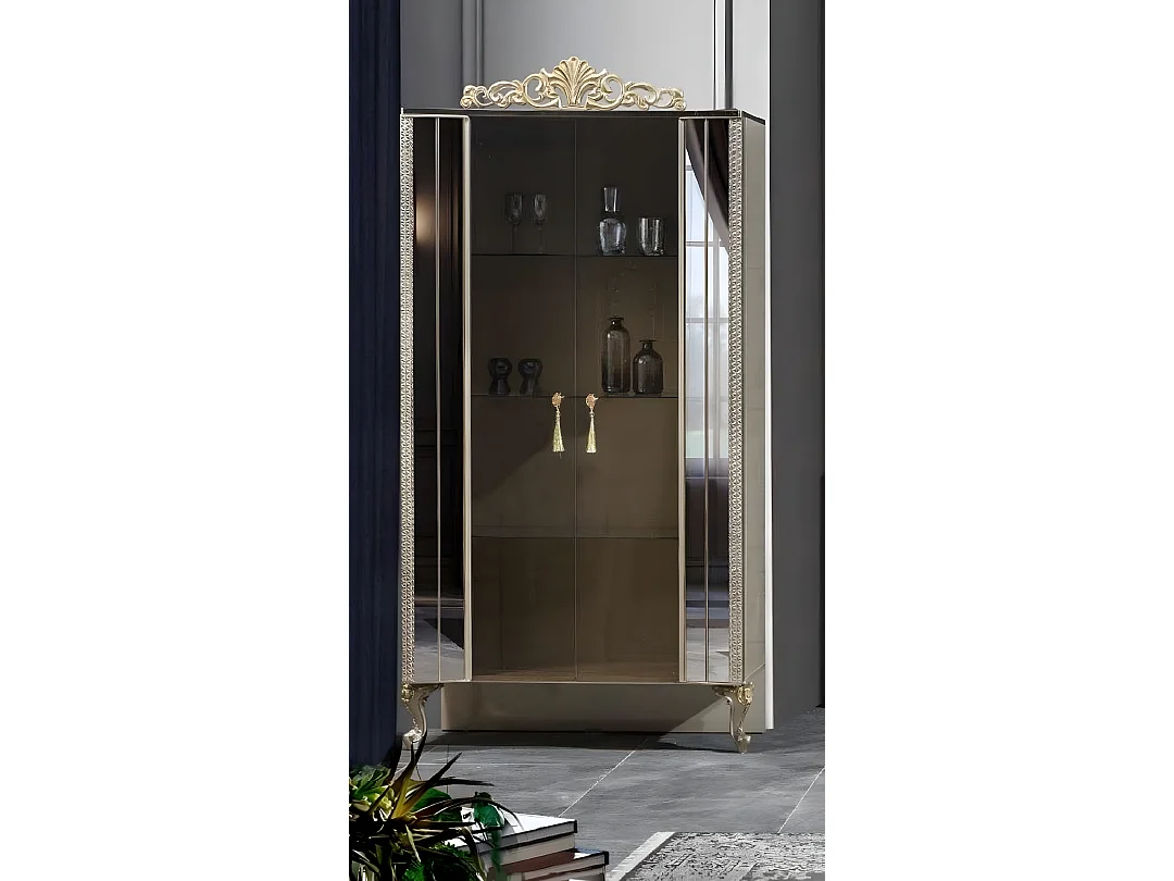 Vitrine Schrank Vitrinen Holz Luxus Klassischе Spiegel Esszimmer Beige