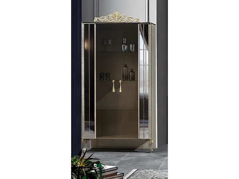 Vitrine Schrank Vitrinen Holz Luxus Klassischе Spiegel Esszimmer Beige